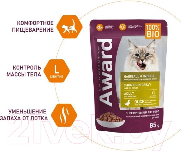 Изображение товара Влажный корм для кошек Award Hairball & Indoor для выведения шерсти кусочки в соусе с уткой (85г)