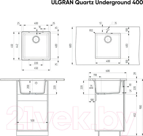 Изображение товара Мойка кухонная Ulgran Quartz Underground 400 (07 уголь)