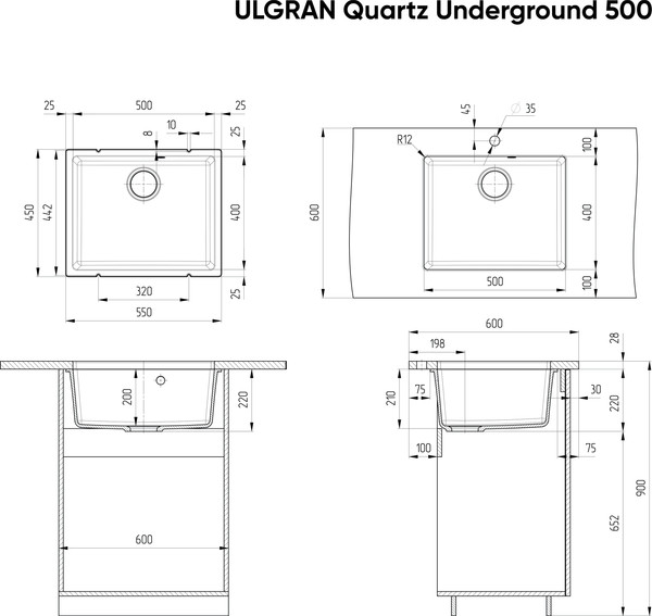 Изображение товара Мойка кухонная Ulgran Quartz Underground 500 (07 уголь)