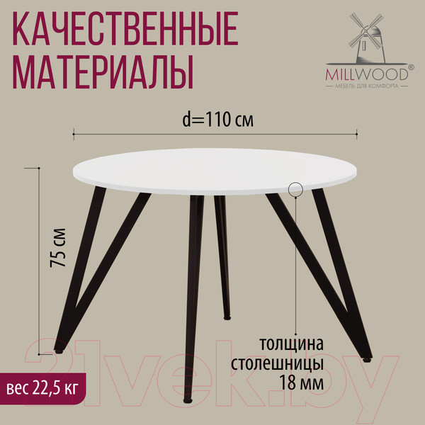 Изображение товара Обеденный стол Millwood Женева 2 Л18 D110 (белый/металл черный)
