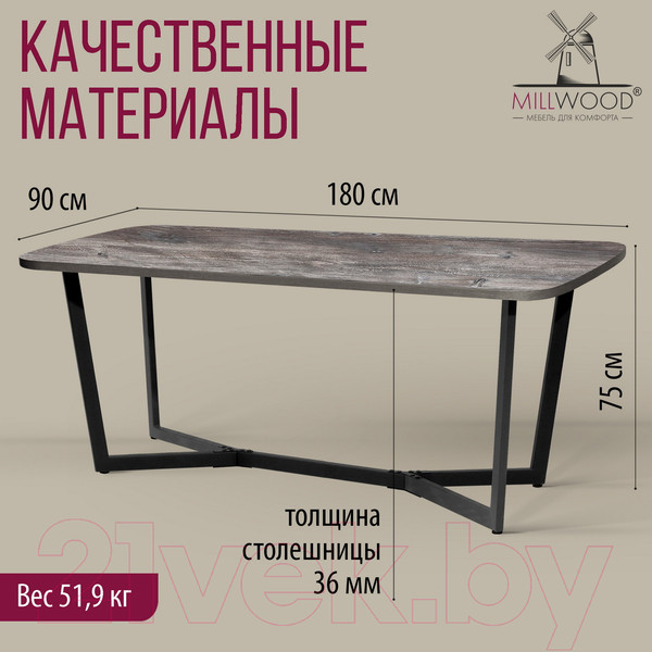 Изображение товара Обеденный стол Millwood Лофт Мюнхен Л 180x90x75 (сосна пасадена/металл черный)