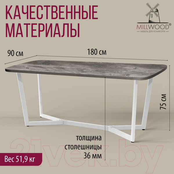 Изображение товара Обеденный стол Millwood Лофт Мюнхен Л 180x90x75 (сосна пасадена/металл белый)