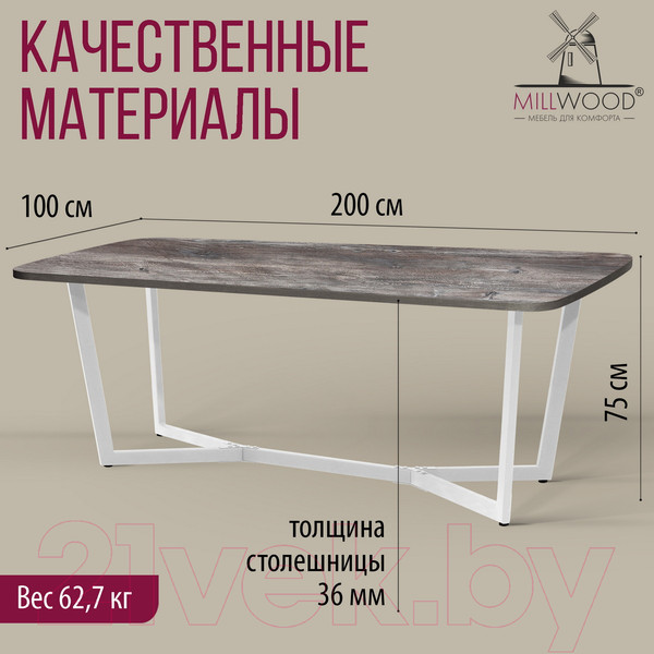 Изображение товара Обеденный стол Millwood Лофт Мюнхен Л 200x100x75 (сосна пасадена/металл белый)