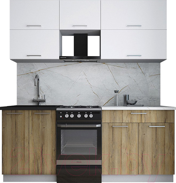 Изображение товара Кухонный гарнитур Интерлиния Мила Gloss 50-19 (белый/дуб вотан/травертин серый)