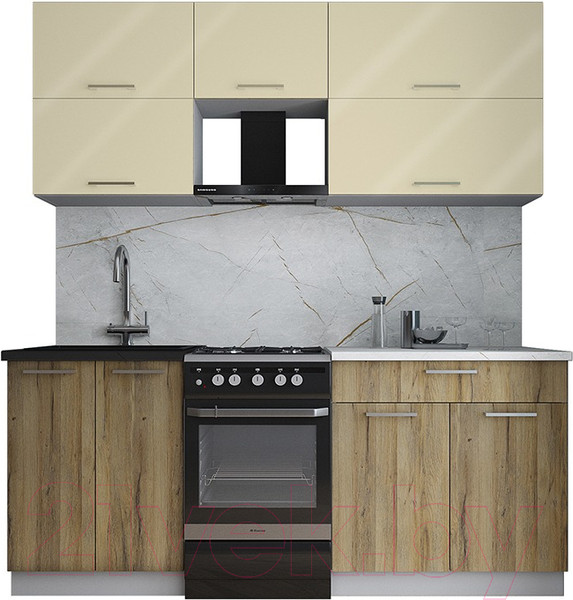 Изображение товара Кухонный гарнитур Интерлиния Мила Gloss 50-19 (ваниль глянец/дуб вотан/травертин серый)