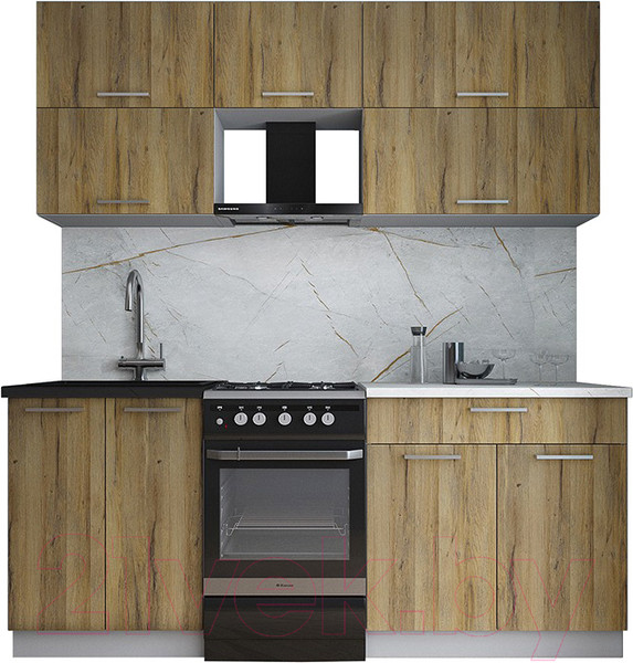Изображение товара Кухонный гарнитур Интерлиния Мила Gloss 50-19 (дуб вотан/дуб вотан/травертин серый)