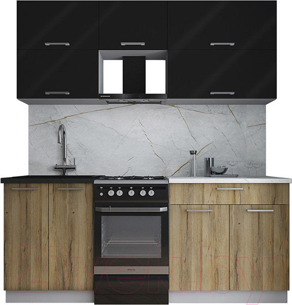 Изображение товара Кухонный гарнитур Интерлиния Мила Gloss 50-19 (черный глянец/дуб вотан/травертин серый)