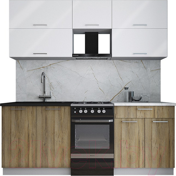 Изображение товара Кухонный гарнитур Интерлиния Мила Gloss 50-20 (белый глянец/дуб вотан/травертин серый)