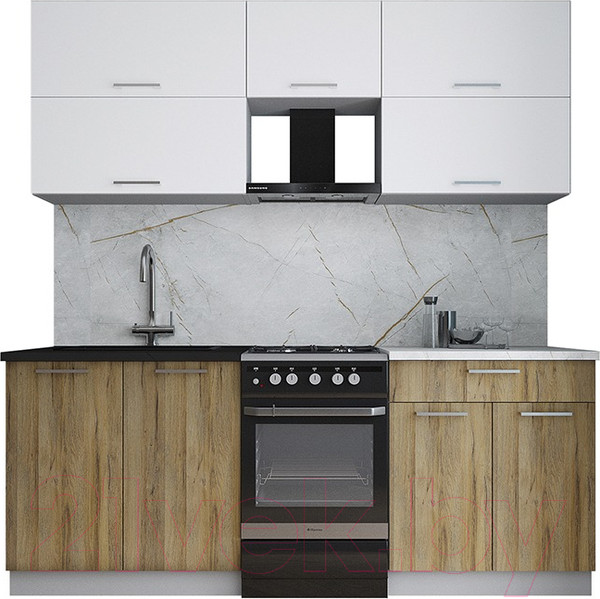 Изображение товара Кухонный гарнитур Интерлиния Мила Gloss 50-20 (белый/дуб вотан/травертин серый)