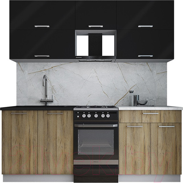 Изображение товара Кухонный гарнитур Интерлиния Мила Gloss 50-20 (черный глянец/дуб вотан/травертин серый)