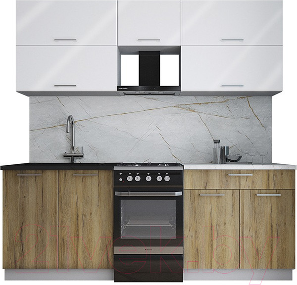 Изображение товара Кухонный гарнитур Интерлиния Мила Gloss 50-21 (белый глянец/дуб вотан/травертин серый)