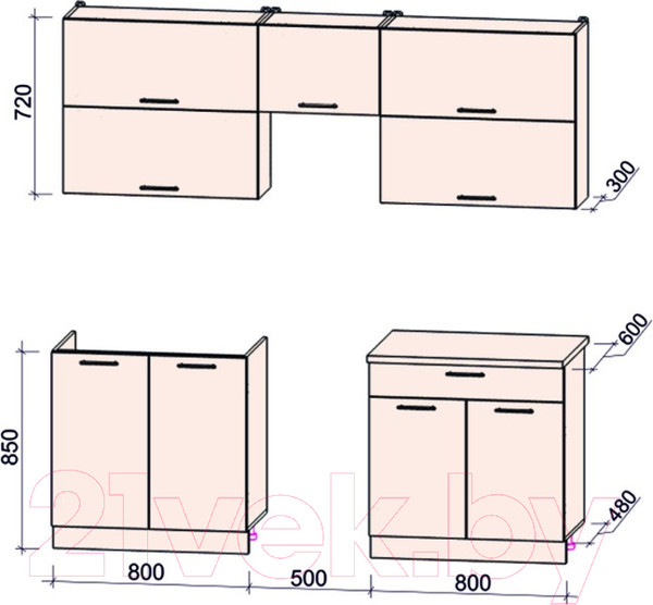 Изображение товара Кухонный гарнитур Интерлиния Мила Gloss 50-21 (белый глянец/дуб вотан/травертин серый)