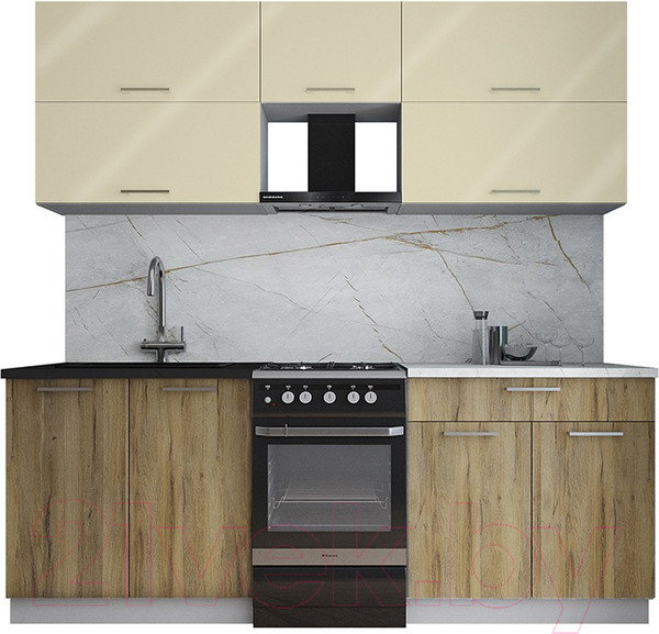 Изображение товара Кухонный гарнитур Интерлиния Мила Gloss 50-21 (ваниль глянец/дуб вотан/травертин серый)