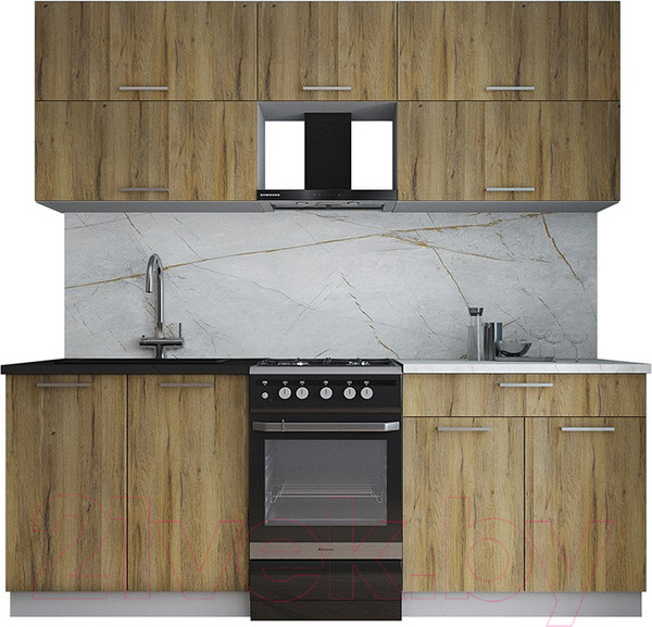 Изображение товара Кухонный гарнитур Интерлиния Мила Gloss 50-21 (дуб вотан/дуб вотан/травертин серый)