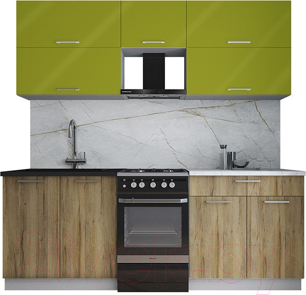 Изображение товара Кухонный гарнитур Интерлиния Мила Gloss 50-21 (яблоко глянец/дуб вотан/травертин серый)