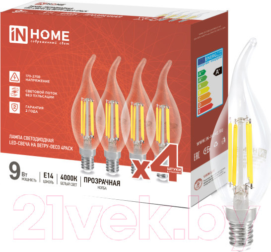 Изображение товара Лампа INhome LED-Свеча на ветру-deco 9Вт 230В Е14 4000К 1040Лм/ 4690612053455 (4шт)