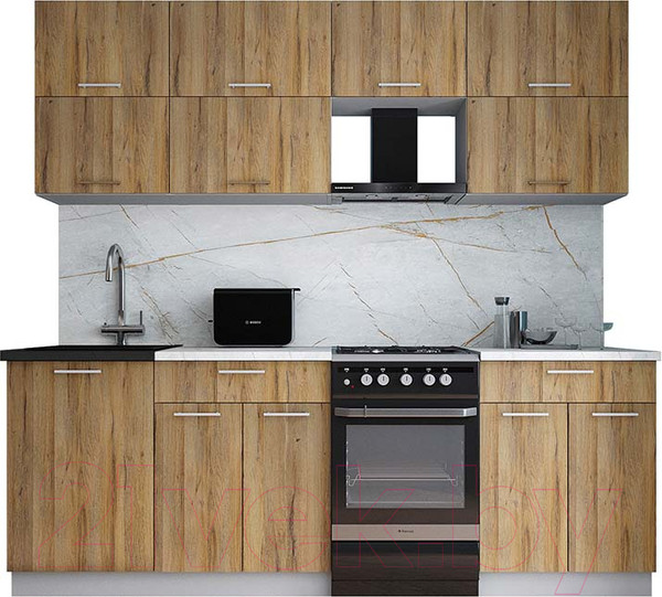 Изображение товара Кухонный гарнитур Интерлиния Мила Gloss 50-22 (дуб вотан/дуб вотан/травертин серый)