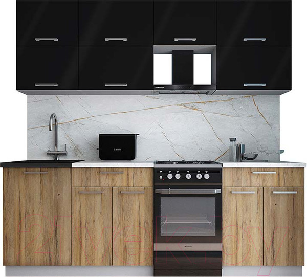 Изображение товара Кухонный гарнитур Интерлиния Мила Gloss 50-22 (черный глянец/дуб вотан/травертин серый)