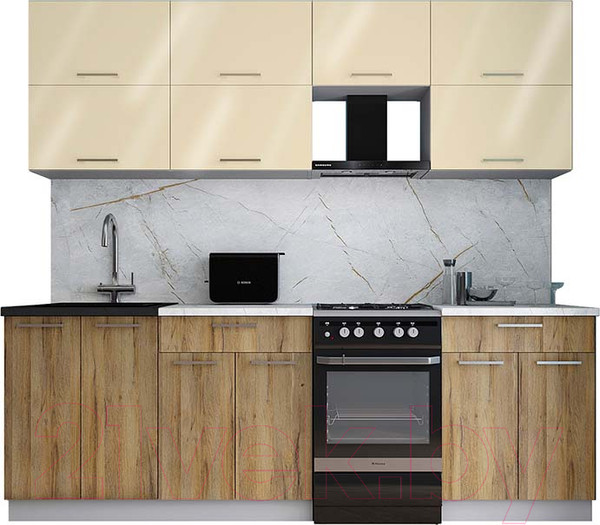 Изображение товара Кухонный гарнитур Интерлиния Мила Gloss 50-23 (ваниль глянец/дуб вотан/травертин серый)