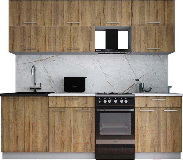 Изображение товара Кухонный гарнитур Интерлиния Мила Gloss 50-23 (дуб вотан/дуб вотан/травертин серый)