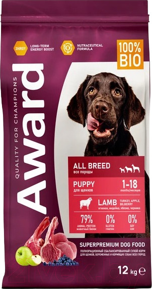 Изображение товара Сухой корм для собак Award Puppy All Breed с ягненком и индейкой с доб. яблока и черники (12кг)