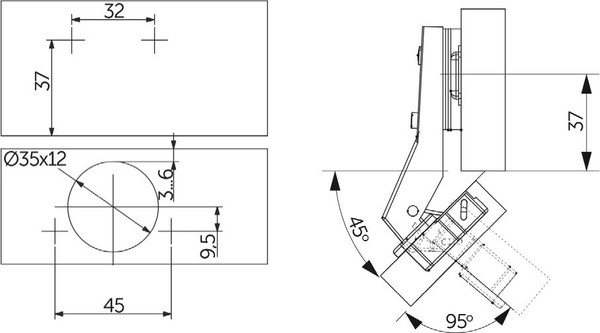 Изображение товара Петля мебельная AKS 45 градусов без доводчика 45мм планка h2 slide-on без еврошурупа (угловая)
