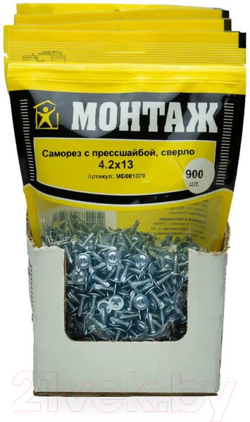 Изображение товара Саморез Монтаж С прессшайбой 4.2x13 сверло / MD001070 (900шт, цинк)