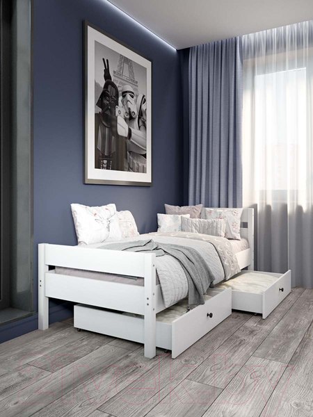 Изображение товара Односпальная кровать детская EcoWood Сидней 80x200 с ящиками / ECO.001.00055.80-200.W