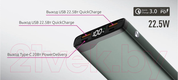 Изображение товара Портативное зарядное устройство Olmio QR-10 QuickCharge 10000mAh 22.5W (серый)