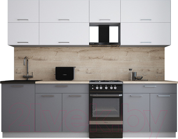 Изображение товара Кухонный гарнитур Интерлиния Мила Gloss 50-26 (белый/серый/травертин серый)