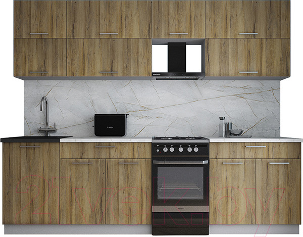 Изображение товара Кухонный гарнитур Интерлиния Мила Gloss 50-26 (дуб вотан/дуб вотан/травертин серый)