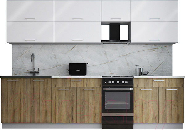 Изображение товара Кухонный гарнитур Интерлиния Мила Gloss 50-29 (белый глянец/дуб вотан/травертин серый)