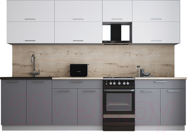 Изображение товара Кухонный гарнитур Интерлиния Мила Gloss 50-29 (белый/серый/травертин серый)