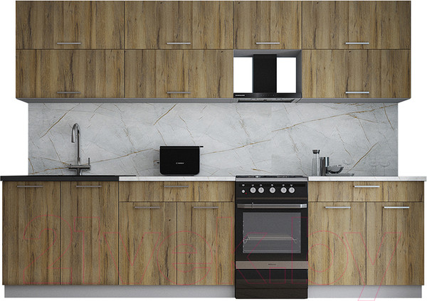 Изображение товара Кухонный гарнитур Интерлиния Мила Gloss 50-29 (дуб вотан/дуб вотан/травертин серый)