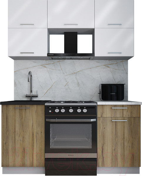 Изображение товара Кухонный гарнитур Интерлиния Мила Gloss 60-16 (белый глянец/дуб вотан/травертин серый)