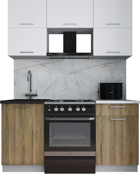 Изображение товара Кухонный гарнитур Интерлиния Мила Gloss 60-16 (белый/дуб вотан/травертин серый)