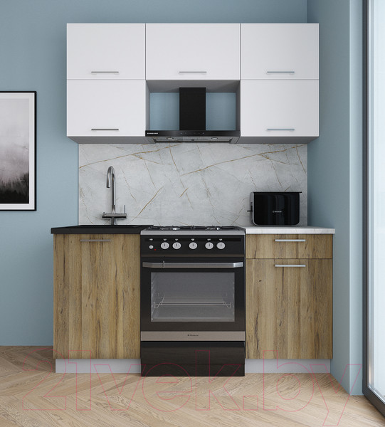 Изображение товара Кухонный гарнитур Интерлиния Мила Gloss 60-16 (белый/дуб вотан/травертин серый)