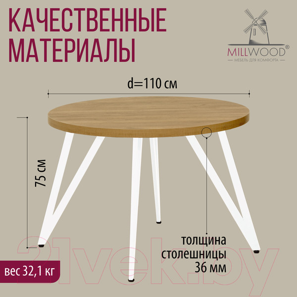 Изображение товара Обеденный стол Millwood Женева 2 Л D110 (дуб золотой Craft/металл белый)