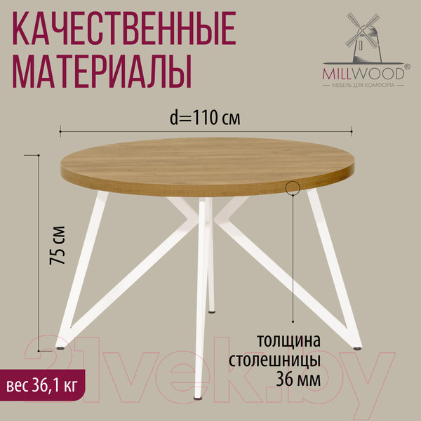 Изображение товара Обеденный стол Millwood Женева Л D110 (дуб золотой Craft/металл белый)