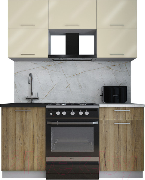 Изображение товара Кухонный гарнитур Интерлиния Мила Gloss 60-16 (ваниль глянец/дуб вотан/травертин серый)