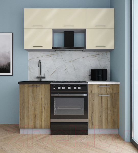 Изображение товара Кухонный гарнитур Интерлиния Мила Gloss 60-16 (ваниль глянец/дуб вотан/травертин серый)