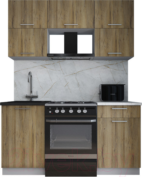 Изображение товара Кухонный гарнитур Интерлиния Мила Gloss 60-16 (дуб вотан/дуб вотан/травертин серый)