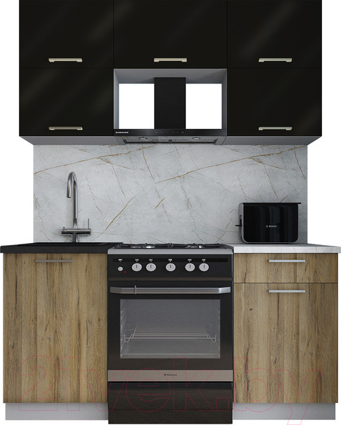 Изображение товара Кухонный гарнитур Интерлиния Мила Gloss 60-16 (черный глянец/дуб вотан/травертин серый)