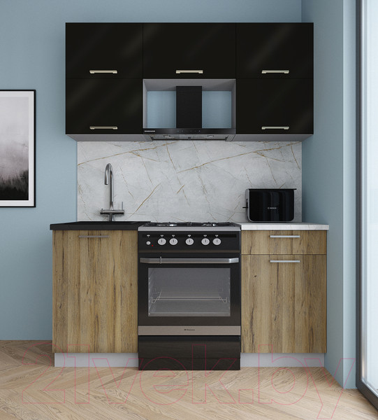 Изображение товара Кухонный гарнитур Интерлиния Мила Gloss 60-16 (черный глянец/дуб вотан/травертин серый)