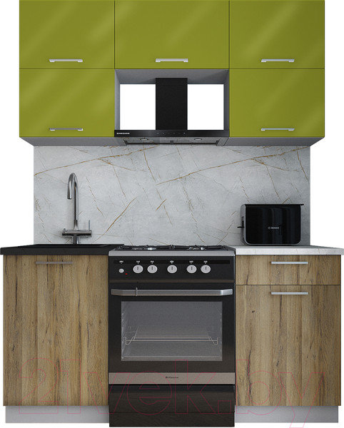 Изображение товара Кухонный гарнитур Интерлиния Мила Gloss 60-16 (яблоко глянец/дуб вотан/травертин серый)