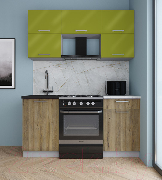 Изображение товара Кухонный гарнитур Интерлиния Мила Gloss 60-16 (яблоко глянец/дуб вотан/травертин серый)