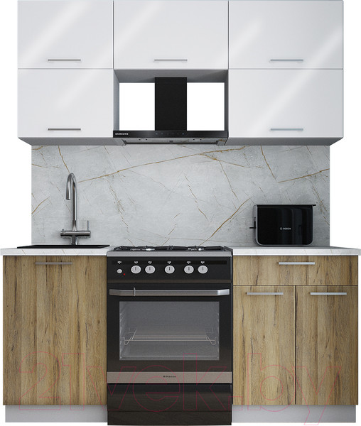 Изображение товара Кухонный гарнитур Интерлиния Мила Gloss 60-17 (белый глянец/дуб вотан/травертин серый)