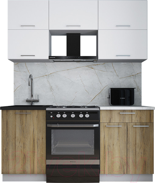 Изображение товара Кухонный гарнитур Интерлиния Мила Gloss 60-17 (белый/дуб вотан/травертин серый)