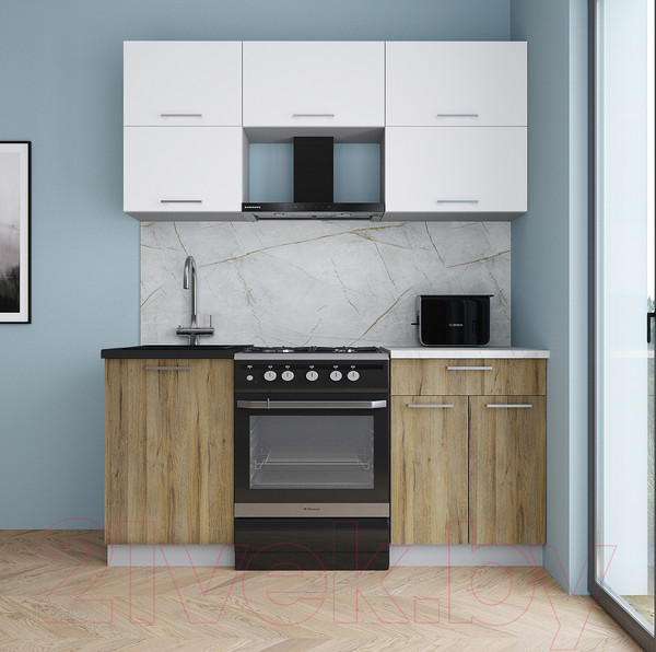 Изображение товара Кухонный гарнитур Интерлиния Мила Gloss 60-17 (белый/дуб вотан/травертин серый)