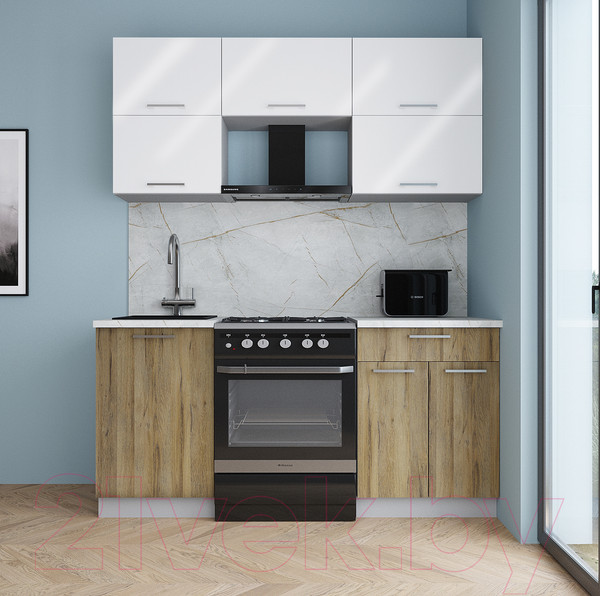 Изображение товара Кухонный гарнитур Интерлиния Мила Gloss 60-17 (ваниль глянец/дуб вотан/травертин серый)